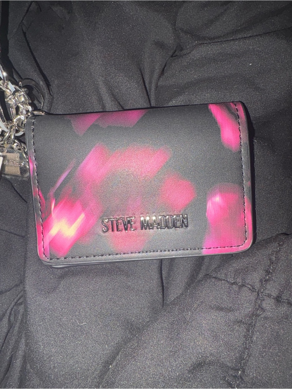 Steve Madden Black Card Wallet with Hot Pink Brushstroke Design